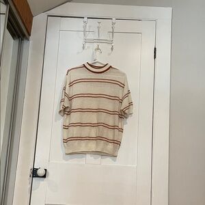 #17, Cream Short-Sleeve Knit Sweater with Rust Stripes
